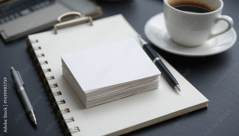 Modern workspace with notebook, blank cards, pens, and a cup of coffee, ideal for creative ideas and brainstorming sessions Modern workspace with notebook, blank cards, pens, and a cup of coffee, ideal for creative ideas and brainstorming sessions