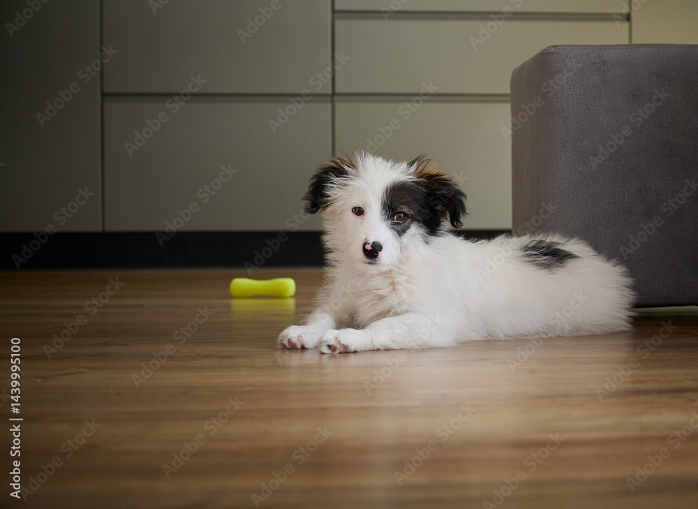 A bored four-month-old puppy lies on the floor.