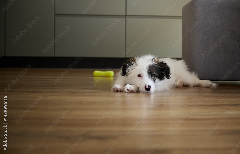 A bored four-month-old puppy lies on the floor.