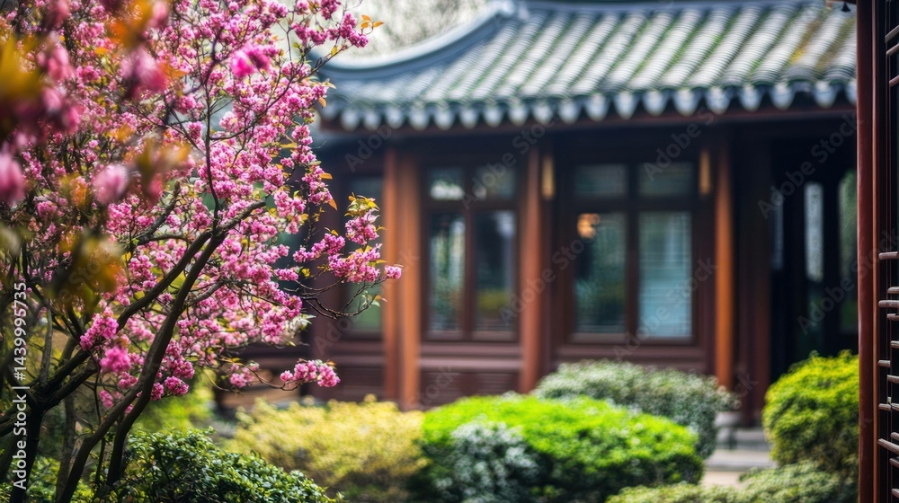 Blooming tree in a tranquil Chinese garden with traditional architecture. Blooming tree in a tranquil Chinese garden with traditional architecture.