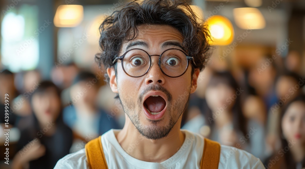 Astonished man with glasses expressing shock in a public place, surrounded by blurred people, showcasing surprise and wide-eyed reaction Astonished man with glasses expressing shock in a public place, surrounded by blurred people, showcasing surprise and wide-eyed reaction