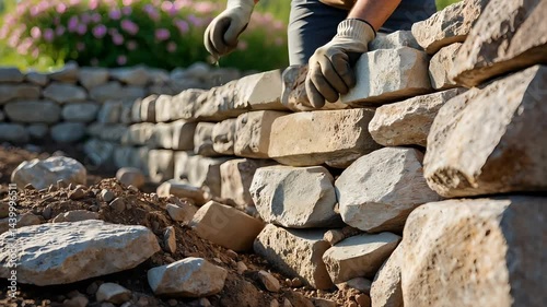 Wallpaper Mural Worker placing large stones by hand while building a dry stack retaining wall in a garden with dirt and gloves during outdoor landscaping project

 Torontodigital.ca
