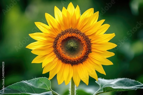 A vibrant, fully bloomed sunflower basks in the sunlight, showcasing its radiant yellow petals and dark brown center.