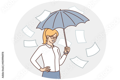 Business woman take refuge with umbrella from falling documents hiding from paperwork