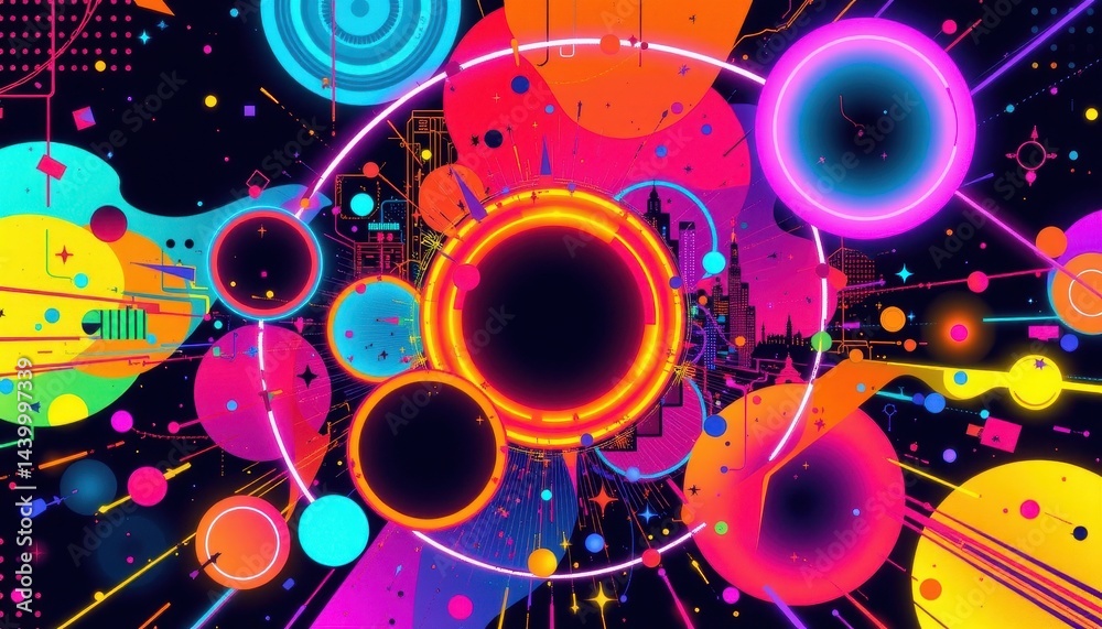 Fototapeta premium retro futurism a dynamic portrayal of circles in vibrant neon colors and bold patterns, capturing a blend of retro and futuristic aesthetics.