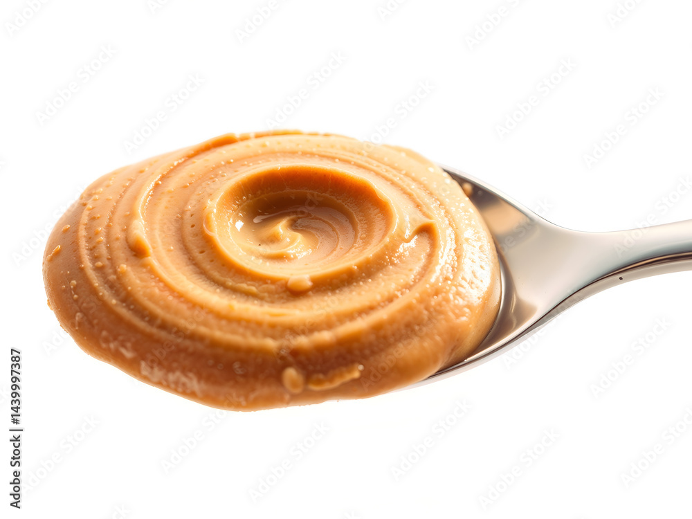 Fototapeta premium Spoonful of creamy peanut butter swirl on white background, perfect for food packaging, snack ads, healthy eating content, and peanut product promotions. Generative AI