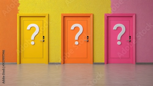 Vibrant yellow, orange, and pink doors with question marks in a colorful interior representing choices and decisions. Deadline approaching