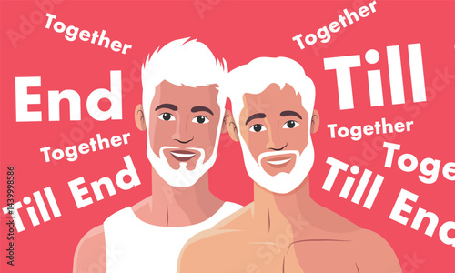 Elderly gay couple smiling together in red theme