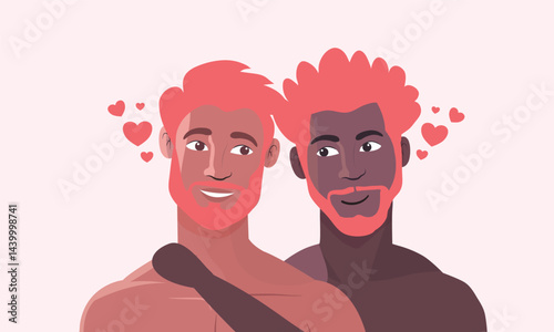 Happy gay couple with red hearts around them