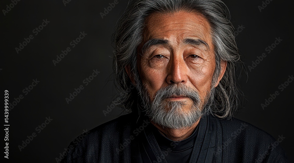 Contemplative elder with weathered face, gazing forward with serene expression, gray hair, isolated portrait in dark setting. Contemplative elder with weathered face, gazing forward with serene expression, gray hair, isolated portrait in dark setting.