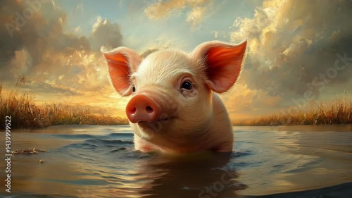 Cute piglet splashing in muddy water under a dramatic sunset sky.