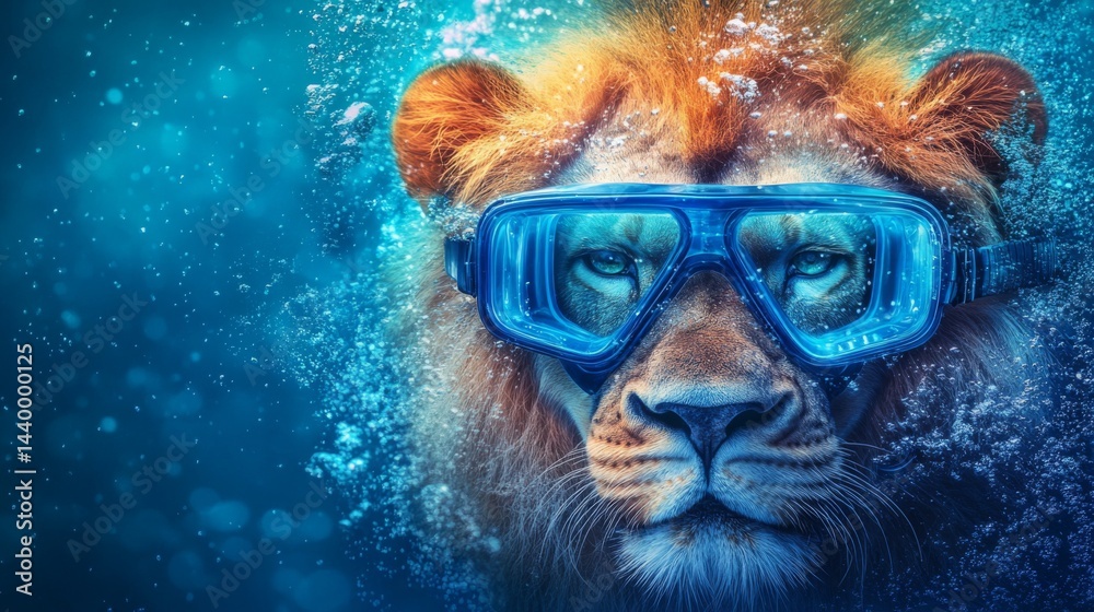Fototapeta premium Majestic male lion wearing scuba mask underwater with bubbles rising through dark blue water. Concept of unexpected adventure and exploring new environments.