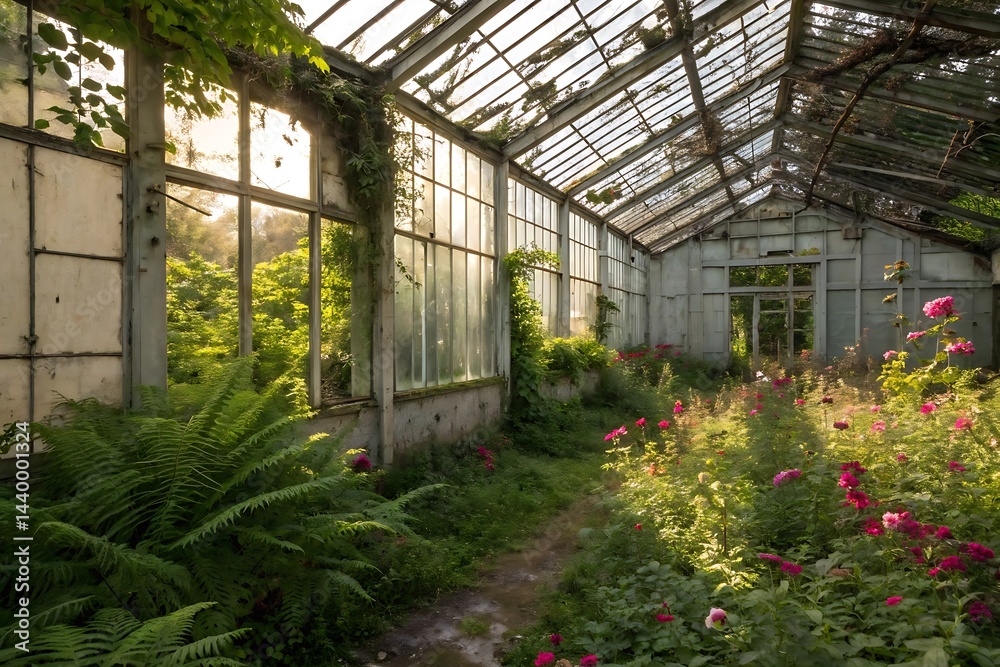 An old greenhouse with natural light coming through the glass windows. Inside there are plants, flowers, and ferns growing. An old greenhouse with natural light coming through the glass windows. Inside there are plants, flowers, and ferns growing.