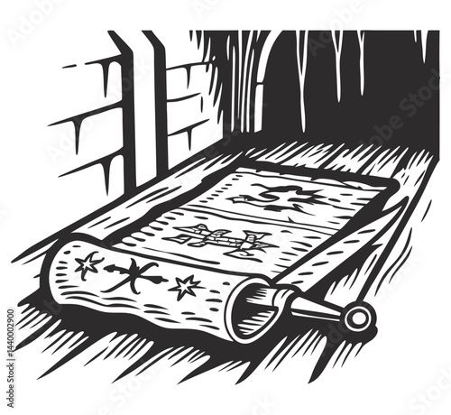 Ancient scroll unfurled with stylized text, cross symbol, medieval dagger beside it, evoking historical themes, medieval warfare, and symbol of sacrifice, power.