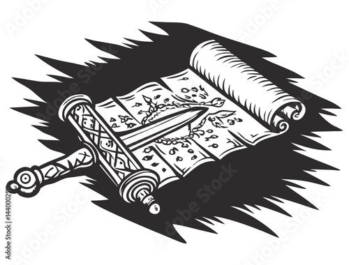 Ancient scroll with rolled parchment, cross symbol, medieval dagger beside it, evoking medieval knightly quests, historical warfare, symbol of power and sacrifice.