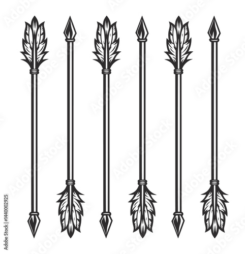Medieval arrows, pointed tips, feathered fletching, showcasing historical weaponry craftsmanship, ideal for history, warfare themes. Set