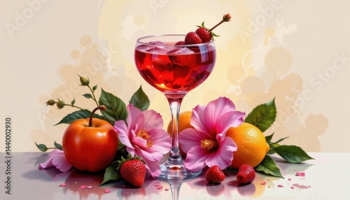 artistic still life a painterly arrangement of a cocktail alongside fruits and flowers, styled with dramatic lighting to enhance textures and colors.