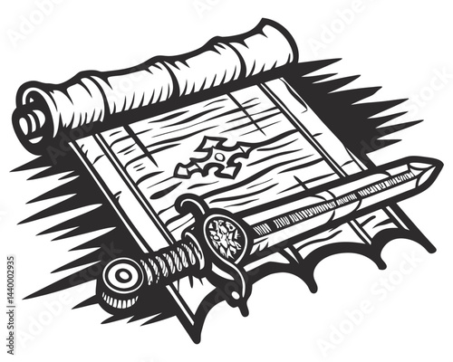 Ancient scroll with rolled parchment, cross symbol, medieval dagger beside it, evoking medieval knightly quests, historical warfare, symbol of power and sacrifice.