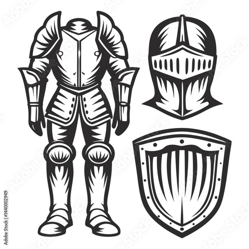 Monochrome illustration of medieval knight full body armor suit, helmet with visor and shield protecting in battle, isolated on white background for historical or fantasy themed design.
