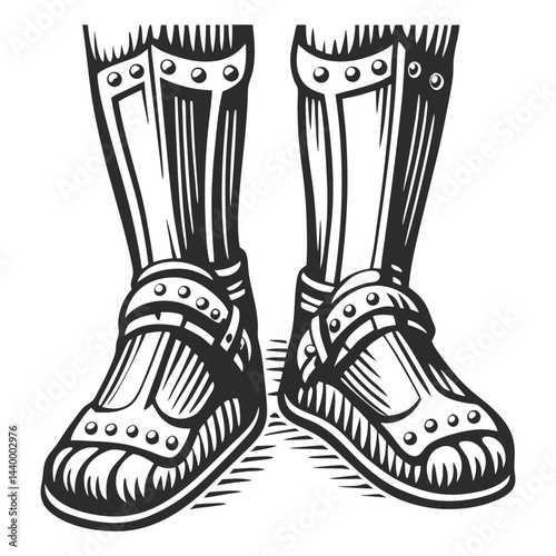 Medieval knight armor detail with metal greaves and sabatons protecting leg and foot, rendered in precise monochrome engraving for historical or fantasy themed projects.