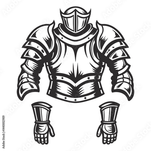 Vintage monochrome illustration of medieval knight armor protecting chest and arms, featuring spiked pauldrons and detailed metal plating, for war in middle ages.