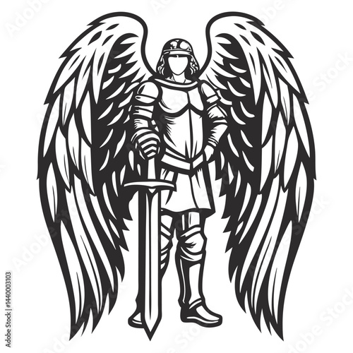 Monochrome vector graphic showing muscular archangel warrior wearing medieval armor, sword, powerful wings extended, celestial might, guardian spirit.