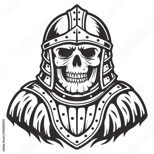 Monochrome skull with medieval knight's helmet and chain mail, symbolizing mortality and brutal warfare during historical knight period.