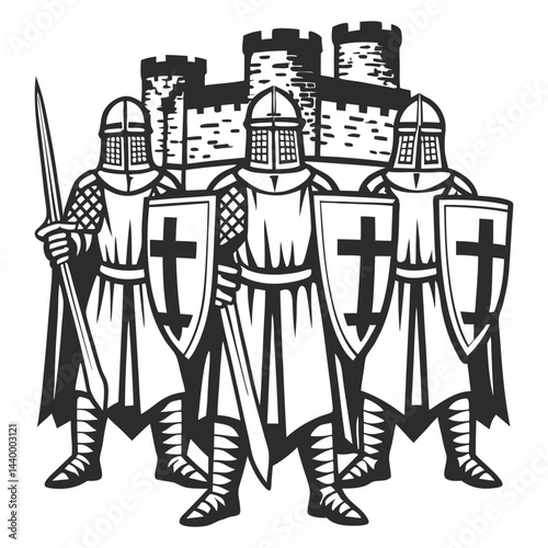 Armored medieval knights with crossed shields standing vigilant near stone castle walls, knightly defense, medieval military prowess, feudal era.