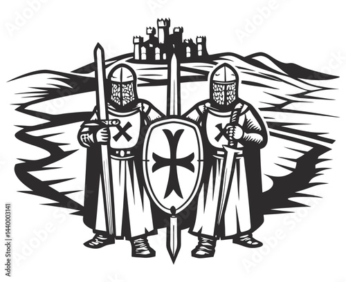Medieval knights in full armor standing vigilant near stone castle walls, wielding swords and shields, feudal military power, protective prowess.