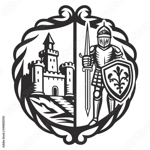 Armored medieval knight wielding sword and shield, protecting stone castle backdrop with stoic knightly posture, valor, strength, monochrome vector design.