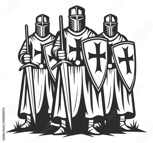 Armored medieval knights with crossed shields standing vigilant near stone castle walls, knightly defense, medieval military prowess, feudal era.