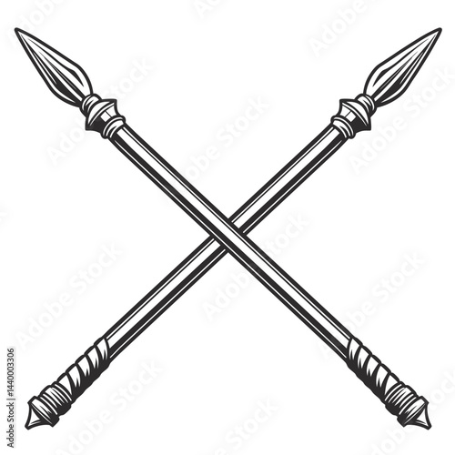 Medieval spears crossed in x formation. Long pole weapons with pointed metal tips, symmetrical layout, vintage silhouette style, black and white. Historical combat concept.