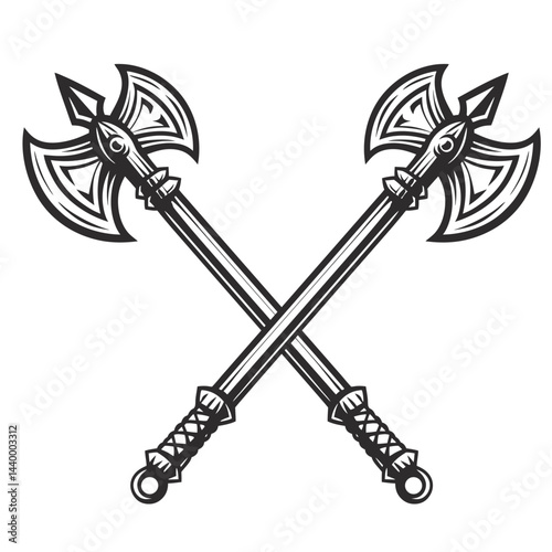 Double edged medieval battle axes with decorated blade, wrapped handle, symmetrical form. Displaying metal craftsmanship, warrior strength, historical combat theme. Black and white.