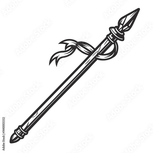 Medieval knight spear with metal tip and ribbon wrapped around wooden shaft. Vertical layout. Monochrome style. Historical weapon. Combat theme. Black and white.
