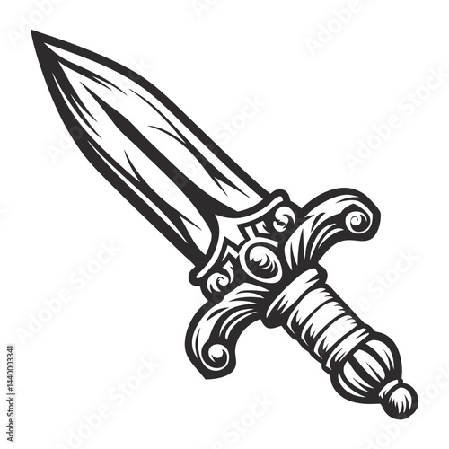 Sharp medieval dagger, cold weapon, symbolizing ancient warfare, combat, historical battles. Monochrome vector. Detailed blade. Ideal for historical or fantasy designs.