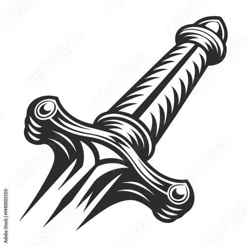 Black and white illustration of medieval sword, intricate hilt design, historical weaponry used by knights in middle ages. Monochrome vector, medieval combat, knightly heritage.