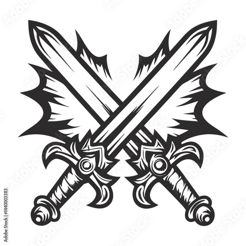 Medieval swords crossing, sharp blades intersecting in x pattern, heraldic shield silhouette, angular background, symbolizing strength, historical combat, warrior imagery. Monochrome vector design.
