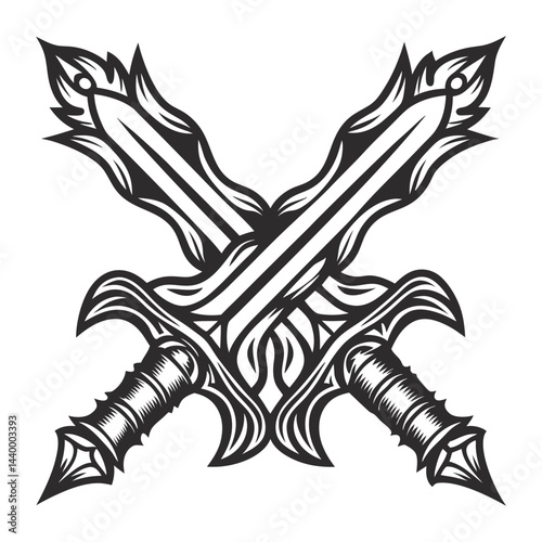 Medieval swords intersecting, forming x shape, ornate craftsmanship, historical and fantasy design contexts in monochrome graphic style.