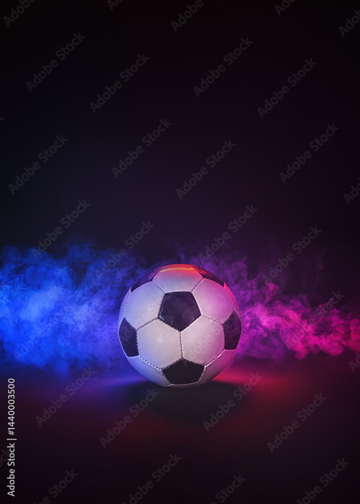 Obraz premium soccer ball in textured neon smoke - creative soccer concept. poster with copy space.