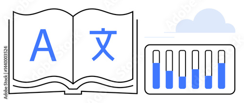 Open book with multilingual symbols, bar chart with data progression, and cloud element. Ideal for education, linguistics, translation, statistics, technology, global communication simple landing