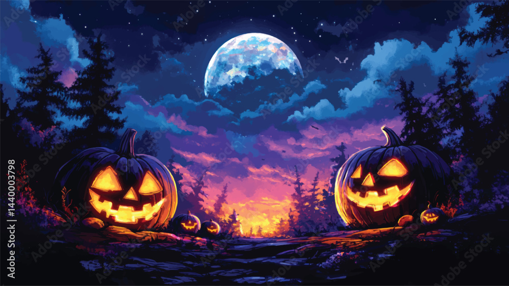 Naklejka premium Halloween Fire River Under the Moon