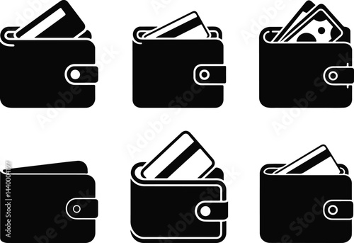 Wallet Icon set with Money and Credit Card Vector Illustration on transparent background. 