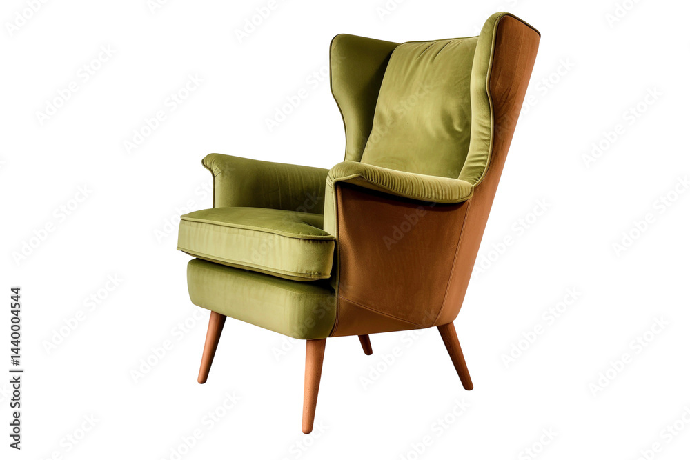 Fototapeta premium Elegant green velvet armchair with wooden legs, modern design and classic appeal, ideal for stylish living room, office space, or cozy reading nook