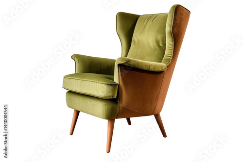 Elegant green velvet armchair with wooden legs, modern design and classic appeal, ideal for stylish living room, office space, or cozy reading nook