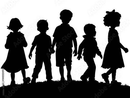 Silhouette of Children Walking Together at Sunset
