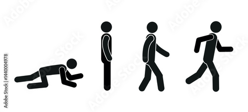 a man crawls, stands, walks, runs, human evolution, pictogram of a human figure in different poses, sketch