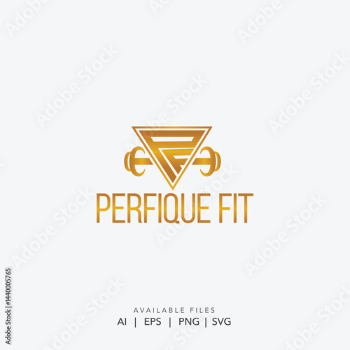 Free Download Modern Gold Triangle PF Fitness Logo with Dumbbells for Gyms and Personal Trainers - GFXLoad