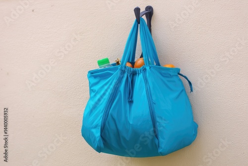 Reusable grocery bag, light teal, filled with produce and water bottle