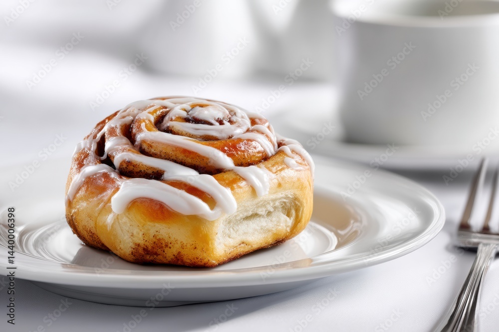 Delicious Cinnamon Roll With Icing Placed on a Clean White Plate Ready to Be Enjoyed Delicious Cinnamon Roll With Icing Placed on a Clean White Plate Ready to Be Enjoyed