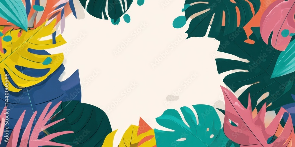 Fototapeta premium Tropical Leaves Background: A vibrant tropical leaves with colorful elements arranged to frame a blank space. Evoking a sense of paradise and the beauty of tropical nature.
